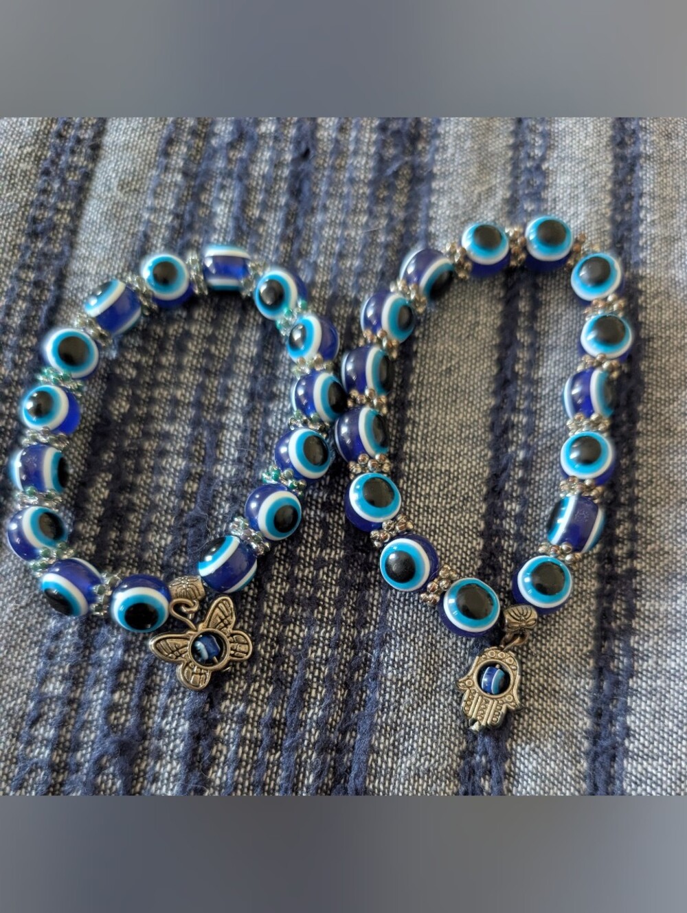 Blue Evil Eye Beaded Stretch Bracelet with Hamsa Charm